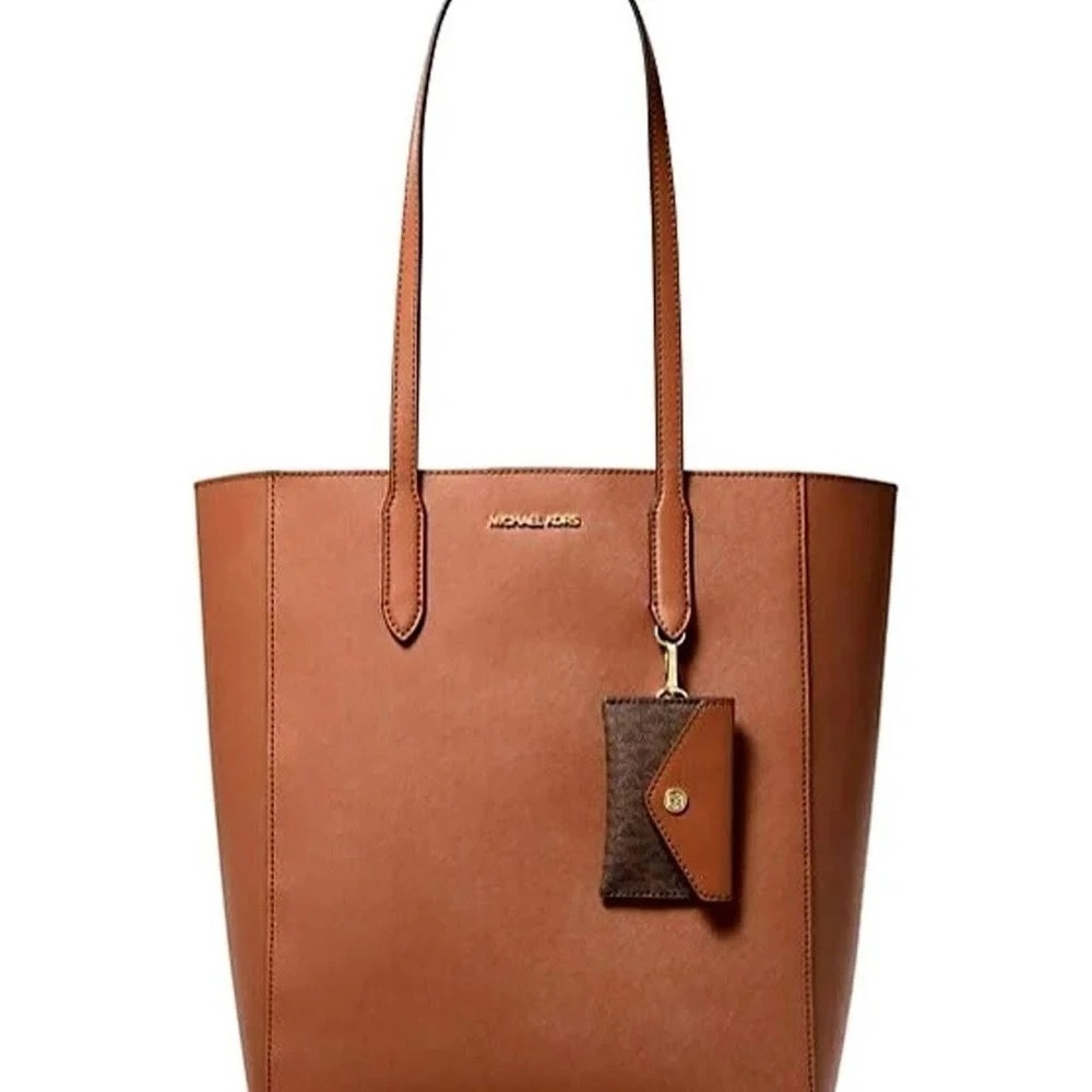 Michael Kors Vincent Large Saffiano Leather Tote Bag with Card Case Camel Brown